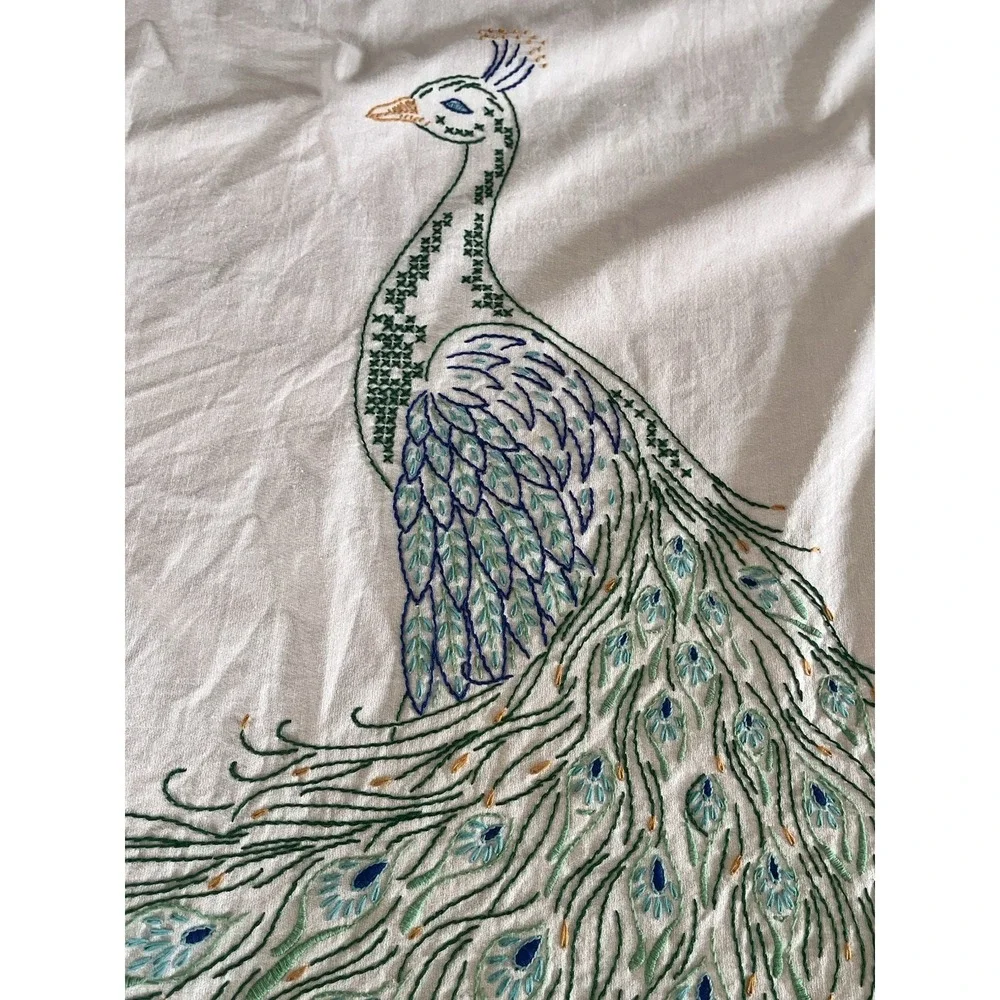 VTG Embroidered Peacock Coverlet Beadspread‎ 78x98